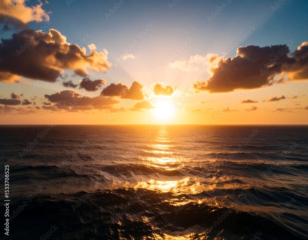 Obraz premium Majestic Ocean Sunset Golden Hour Sky over Dramatic Waves