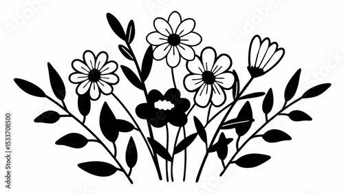 Illustration of a floral arrangement with daisies and leaves in black and white design style created with generated ai