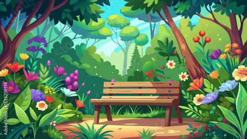 Wooden bench in a lush garden setting. A peaceful retreat surrounded by vibrant flowers and greenery Very beautiful