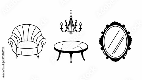 Illustration of a chair, chandelier, cracked table, and ornate mirror in black and white drawing style created with generated ai