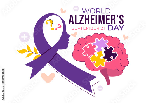World Alzheimer's Day Vector Illustration featuring an Elderly and a Brain Jigsaw Puzzle Symbolizing Memories on a Purple Ribbon in a Flat Background