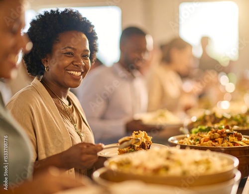 Happy African American woman enjoying delicious buffet food at a social gathering