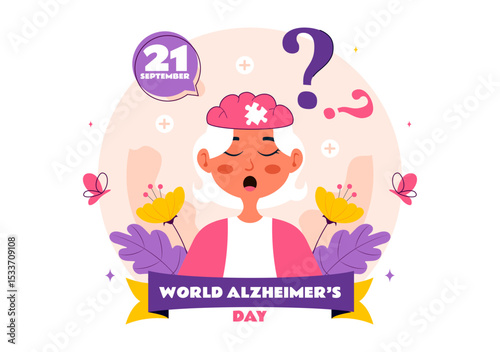 World Alzheimer's Day Vector Illustration featuring an Elderly and a Brain Jigsaw Puzzle Symbolizing Memories on a Purple Ribbon in a Flat Background