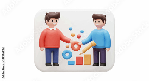 Two figures are shaking hands representing collaboration, in a 3D illustration. 