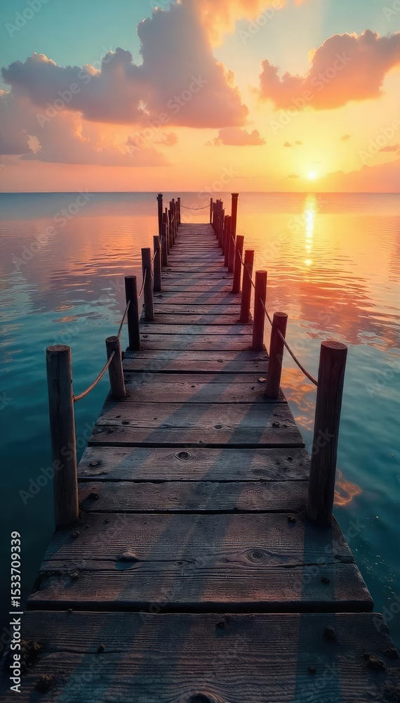 Obraz premium A rustic wooden pier stretches out over calm, blue water, bathed in the warm glow of sunset Ideal for travel, vacation, or coastal themed projects Serene and tranquil scene , wooden, landscape