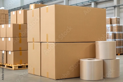 Obraz na plátně Photo of stacked cardboard boxes and rolls of packing paper in a warehouse, read