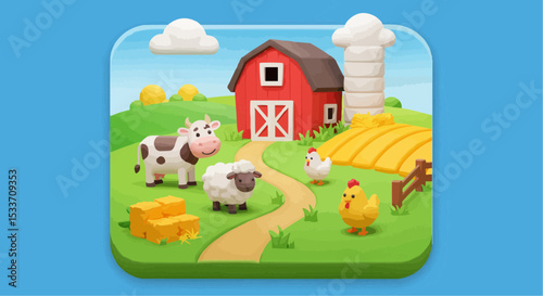 A cheerful farm scene with a barn, animals, and rolling hills.