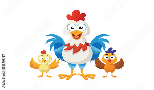 Happy rooster with two cute baby chicks