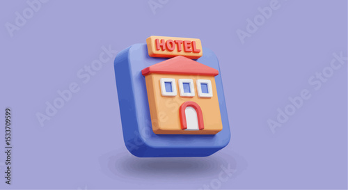 A 3D rendered illustration of a charming hotel, featuring a stylized design.