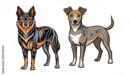 Two stylized dogs standing side by side