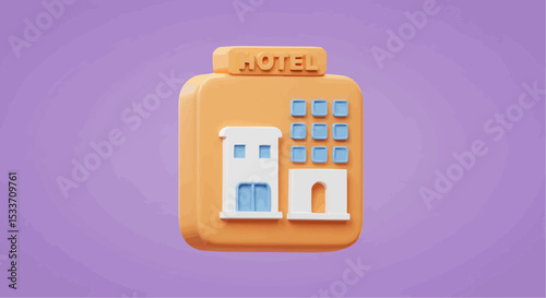 Hotel Icon: A modern 3D rendering of a hotel building against a purple background.