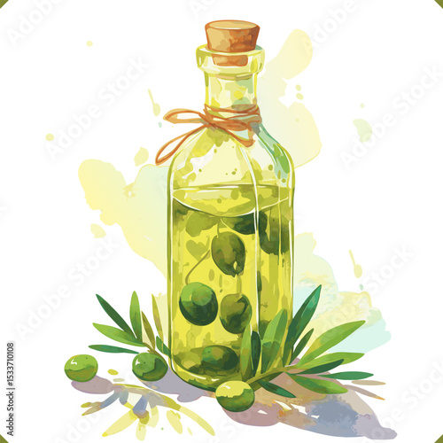 Glass bottle of olive oil with green olives and leaves, watercolor style digital vector illustration.
Vector illustration of olive oil on white background