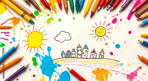 Childs drawing crayons colored pencils sun house cloud art education learning fun
