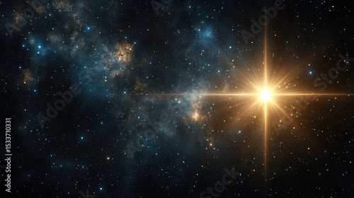 Bright star shining in vast starfield with colorful nebulae and cosmic dust