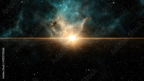 Stunning cosmic scene featuring bright starburst illuminating vast starfield, surrounded by