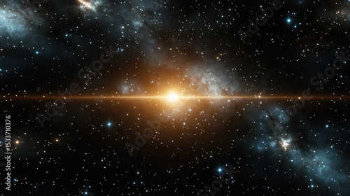 Bright star shining in vast starfield with distant galaxies and cosmic clouds