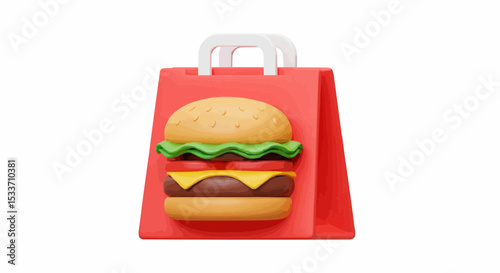 Delicious hamburger on a red paper shopping bag. 