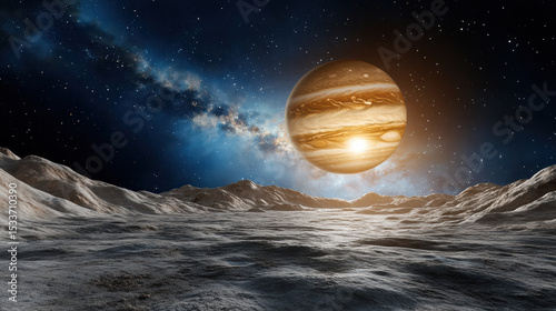 Stunning view of gas giant planet, with starry sky and rocky terrain
