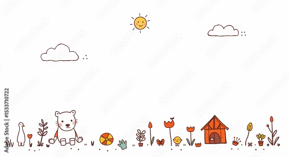 Fototapeta premium Cute cartoon doodle background vector illustration with animal and plant theme