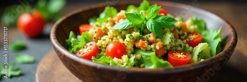 A vibrant and healthy lunchtime salad in a rustic bowl, featuring fresh vegetables and a colorful dressing Perfect for a light and nutritious midday meal , lunch, garden