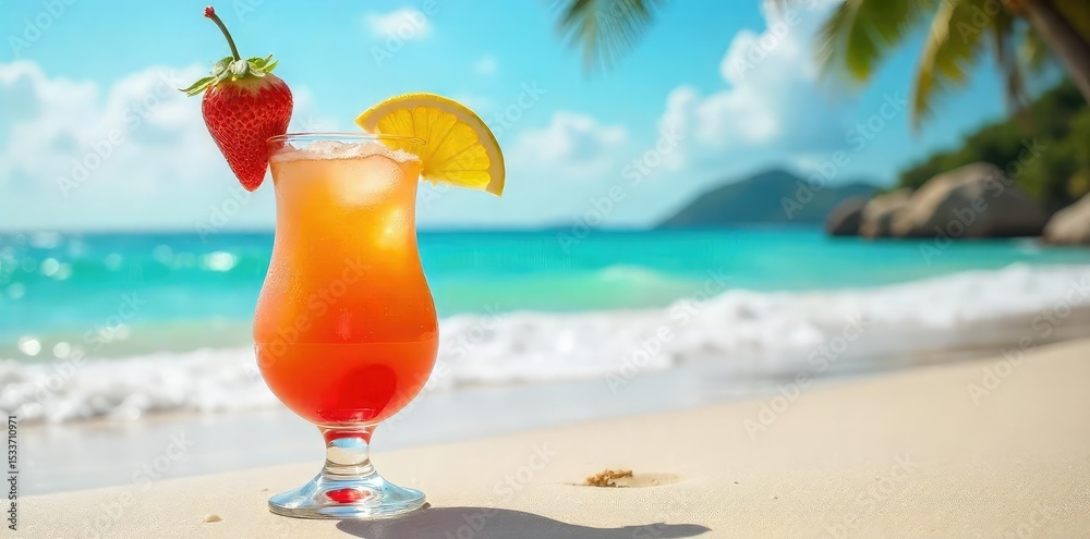 Obraz premium A vibrant tropical cocktail garnished with fresh fruit sits on a sun-drenched beach, waves gently lapping the shore Perfect for summer vacation imagery and travel promotions , water, ocean, sun