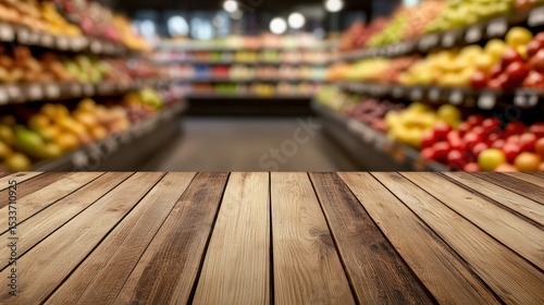 Wooden table in blurred fruit and vegetable aisle of grocery store