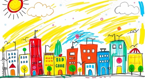 Child drawing of city skyline with buildings sun and clouds crayon art style design