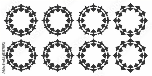 Geometric arrangement of eight circular designs with pointed elements in a symmetrical pattern layout