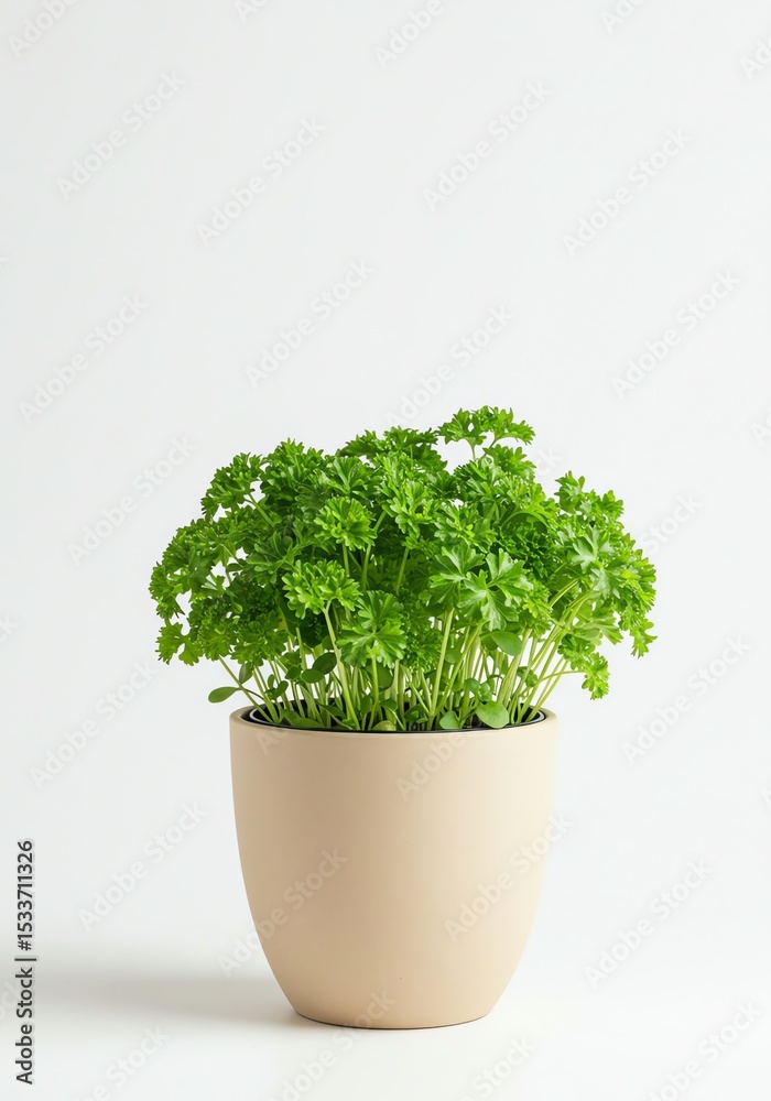 Parsley plant in pot isolated against white backdrop Parsley plant in pot isolated against white backdrop