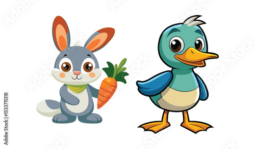 Cute cartoon rabbit and duck illustration