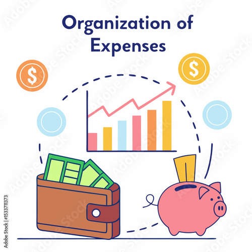 Clean flat design of a woman organising expenses with wallet, coins, and finance icons illustration