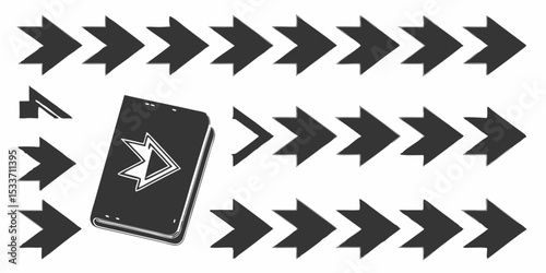 Book with forward arrow icon surrounded by rows of forward pointing arrows on a white background