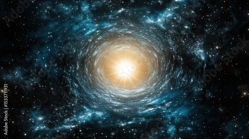 Swirling vortex of stars surrounds bright, glowing singularity in cosmos