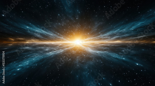 Stunning cosmic scene featuring bright starburst center, surrounded by swirling clouds of gas