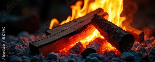 Close-up view of vibrant flames licking at a stack of seasoned firewood, embers glowing intensely The warmth and energy of the fire are palpable , ember, intense heat