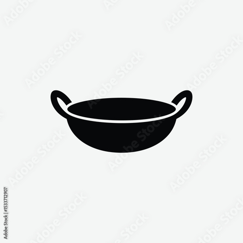 Download a clean vector silhouette of a traditional wok or kadhai with side handles. Simple black design on white background, perfect for icons, print, or digital artwork.