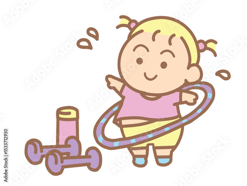 Cute girl playing Hula-hoop cartoon style.
