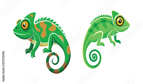 Two cute cartoon chameleons on white background