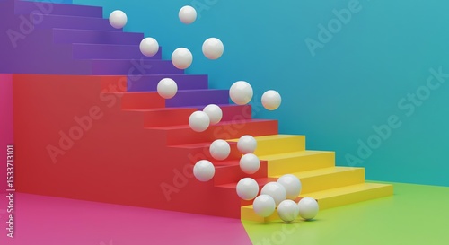 Stairs with colorful backdrop and white spheres