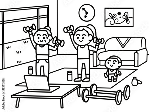 Family workout online at home coloring pages style.