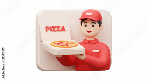 A pizza delivery person holding a box with a tasty pizza inside, ready to deliver.