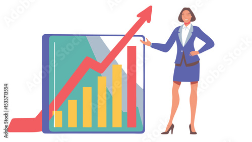 Businesswoman presenting a growing bar chart with an upward trending arrow indicator display graph