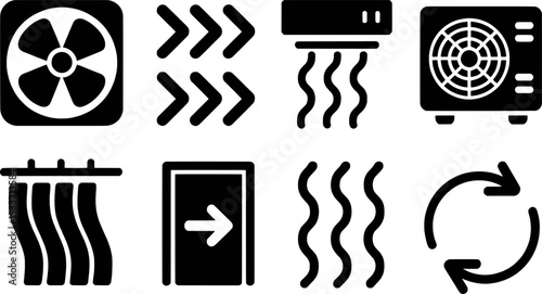 Black and White H V A C System Icons Air Conditioner Fan Ventilation