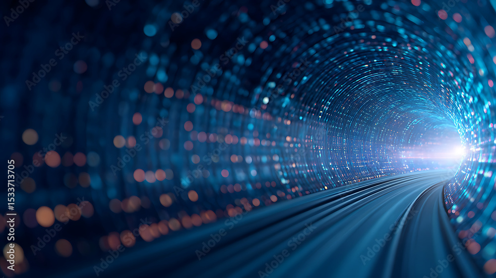 Naklejka premium 3D Rendering of abstract wire cable tunnel with digital binary data transmitting. Depth of field effect. Inside AI concept. Technology machine learning big data virtualization. Product back 22448803 1