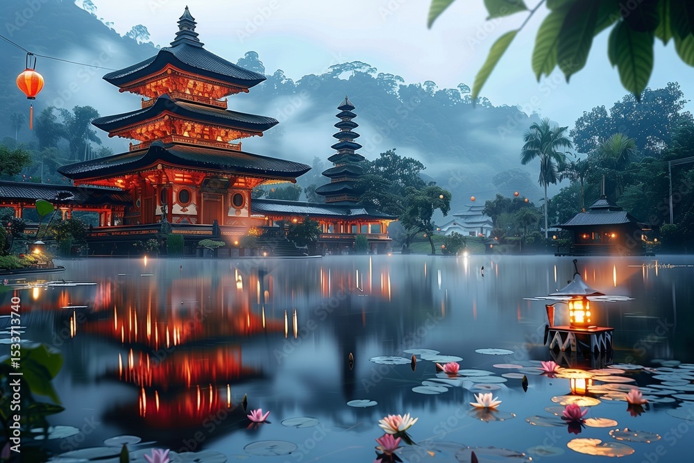 Naklejka premium Serene Dusk at the Illuminated Temple by the Lotus-filled Misty Lake