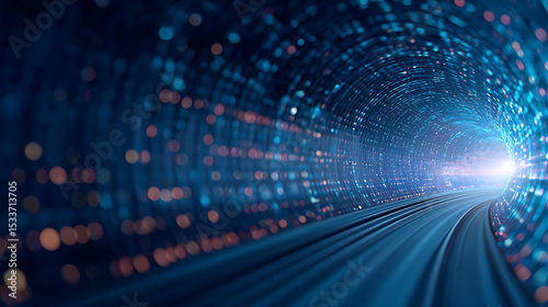 Fototapeta Naklejka Na Ścianę i Meble -  3D Rendering of abstract wire cable tunnel with digital binary data transmitting. Depth of field effect. Inside AI concept. Technology machine learning big data virtualization. Product back 22448803 1