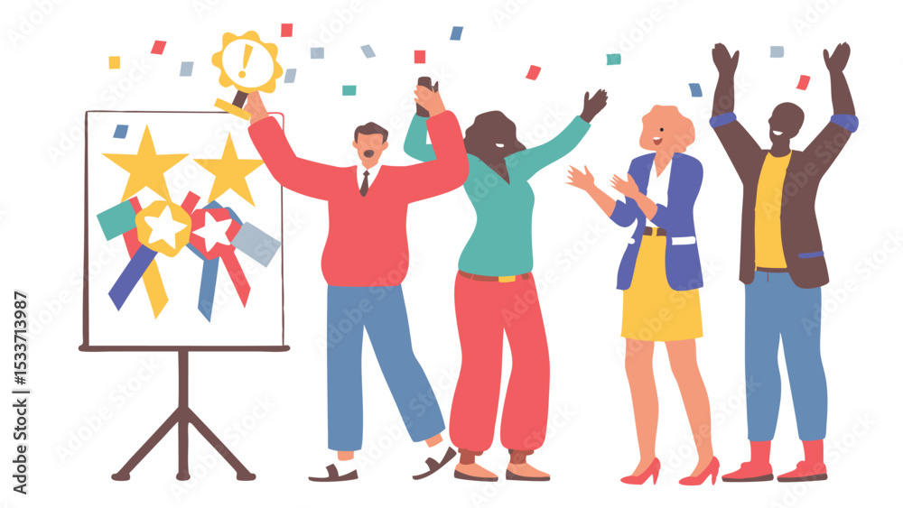 Fototapeta premium Illustration of diverse team celebrating success with awards and confetti near a presentation board
