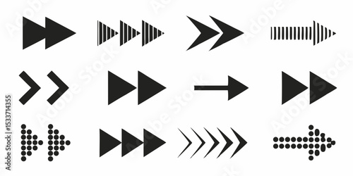 Collection of diverse arrow designs pointing right in various styles and orientations on white background