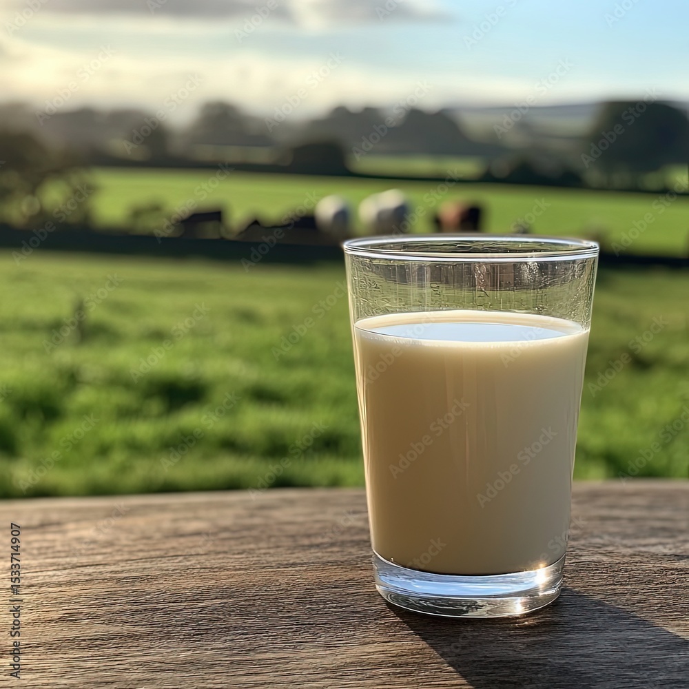 Glass of Milk with Countryside View Glass of Milk with Countryside View
