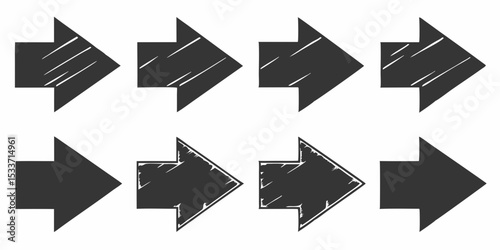Collection of eight right pointing arrows with varying styles and textures on a white background